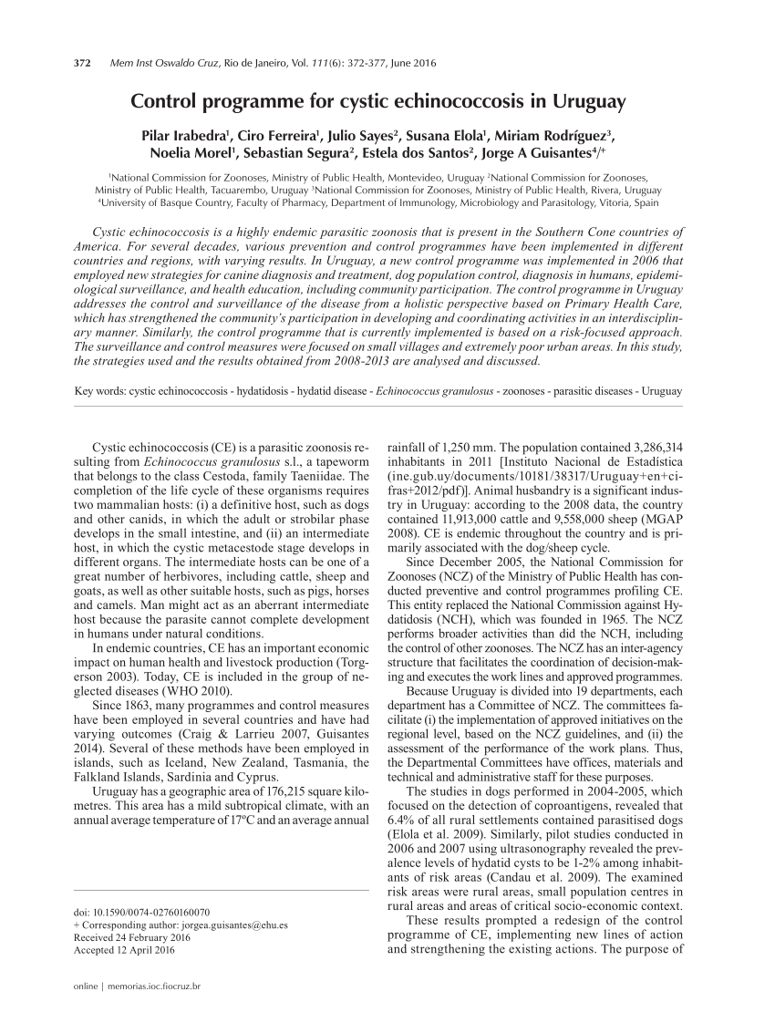 PDF Control programme for cystic echinococcosis in Uruguay