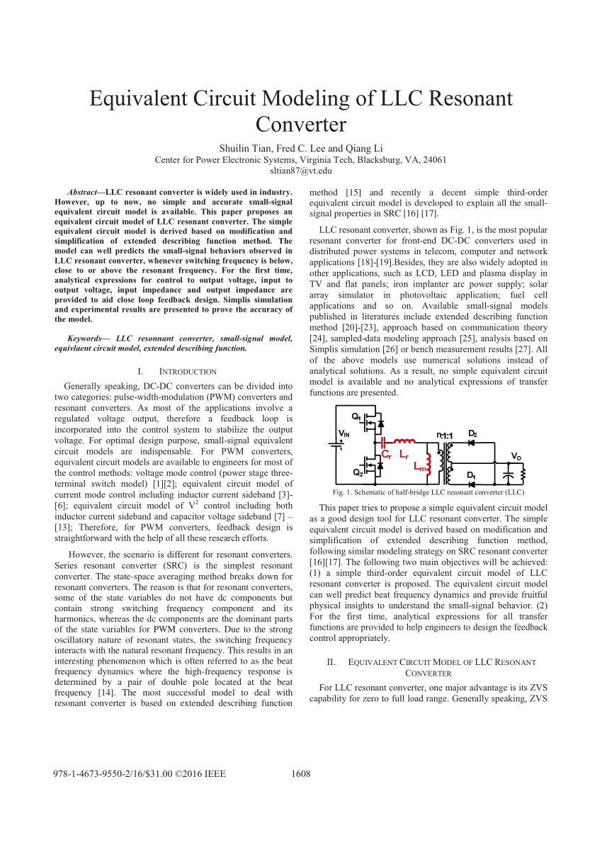 Pdf Equivalent Circuit Modeling Of Llc Resonant Converter