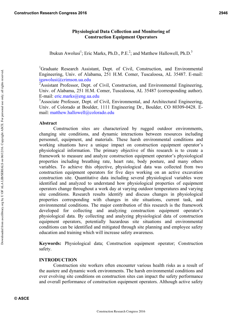 Pdf Physiological Data Collection And Monitoring Of Construction Equipment Operators