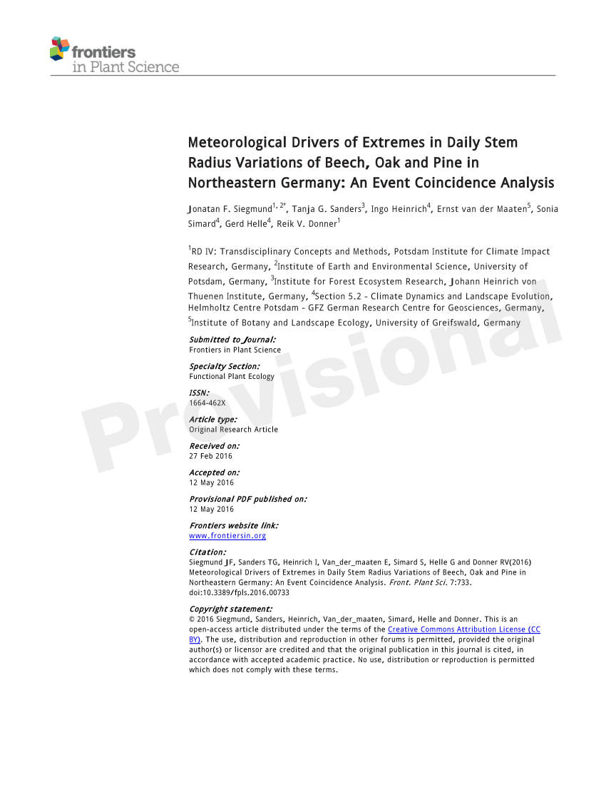 Pdf Meteorological Drivers Of Extremes In Daily Stem Radius Variations Of Beech Oak And Pine In Northeastern Germany An Event Coincidence Analysis