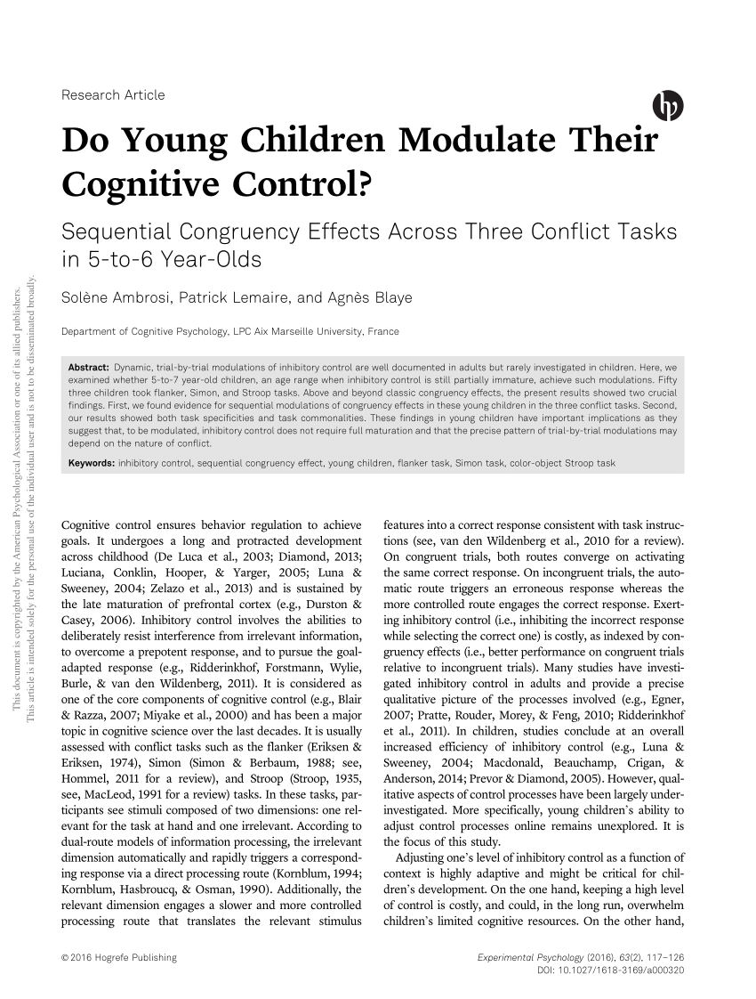 Pdf Do Young Children Modulate Their Cognitive Control Sequential Congruency Effects Across Three Conflict Tasks In 5 To 6 Year Olds
