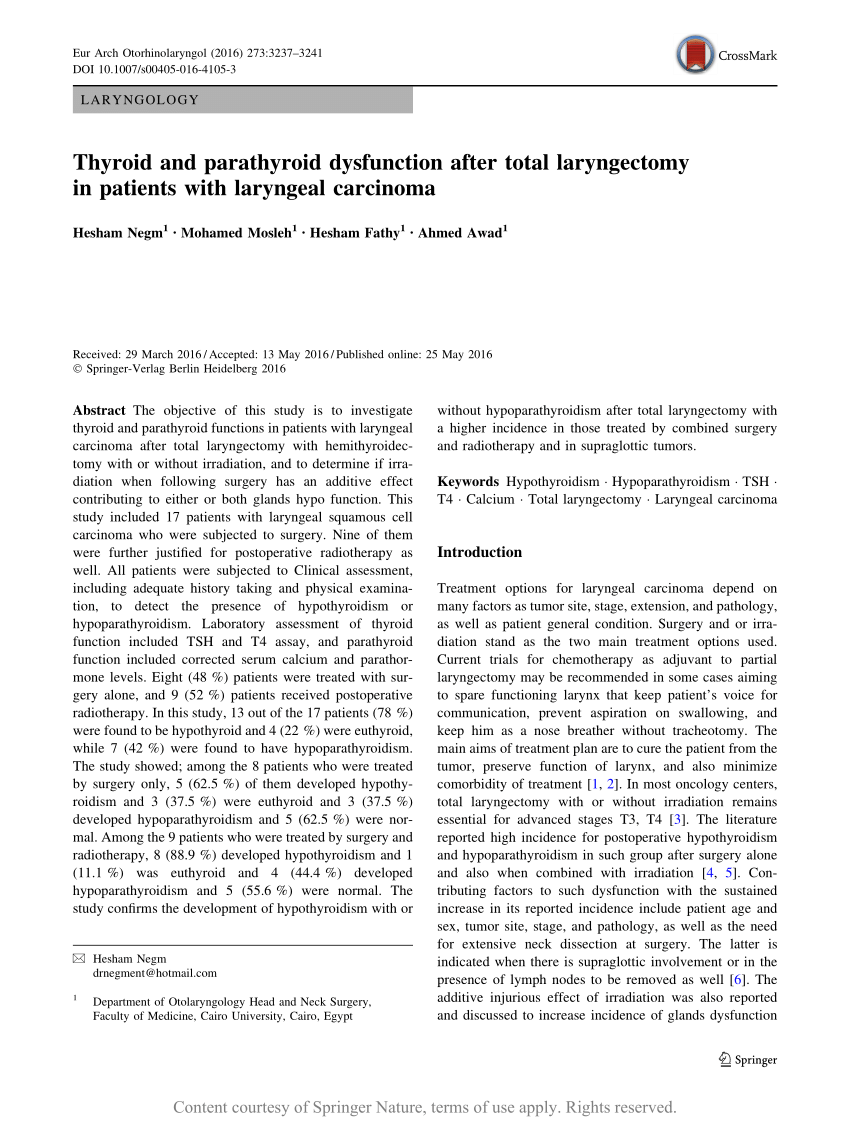 Incidence and complications of hypothyroidism postlaryngectomy: A