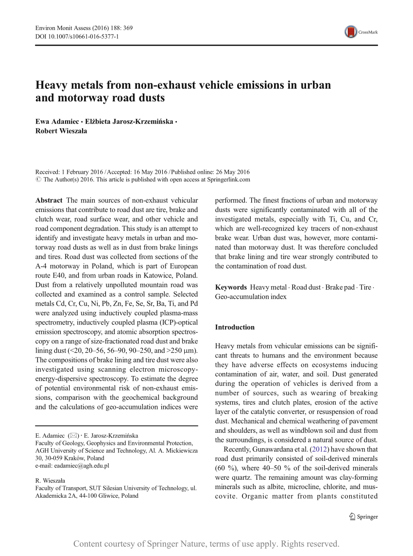 Pdf Heavy Metals From Non Exhaust Vehicle Emissions In Urban And Motorway Road Dusts