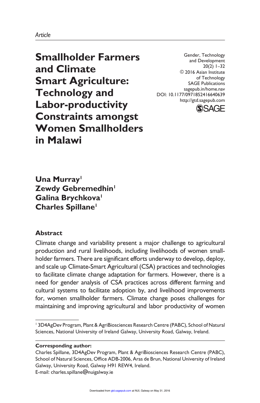Pdf Smallholder Farmers And Climate Smart Agriculture Technology And Labor Productivity