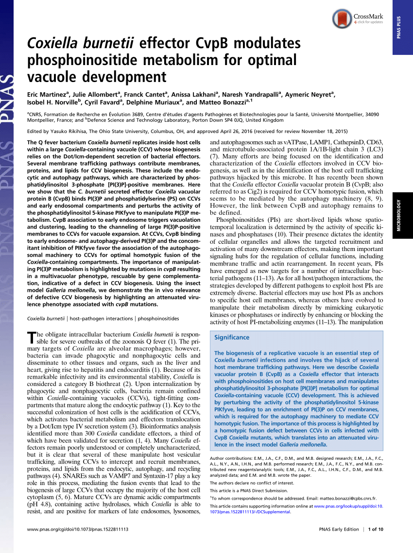 Pdf Coxiella Burnetii Effector Cvpb Modulates Phosphoinositide Metabolism For Optimal Vacuole Development