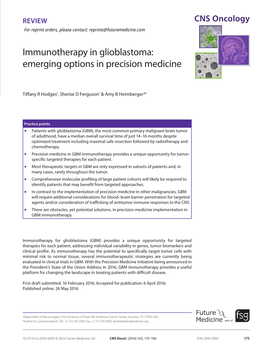 (PDF) Immunotherapy in glioblastoma emerging options in precision medicine