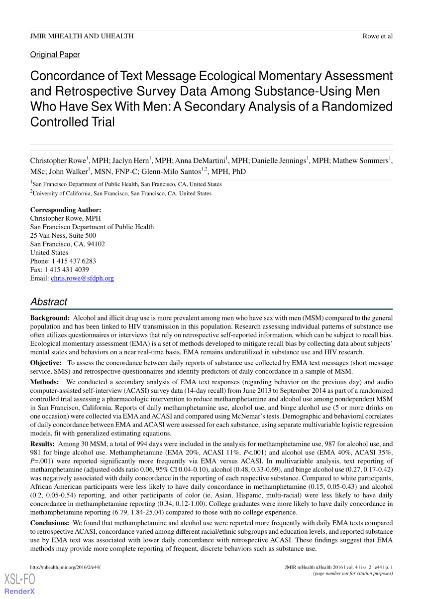 PDF) Concordance of Text Message Ecological Momentary Assessment and  Retrospective Survey Data Among Substance-Using Men Who Have Sex With Men:  A Secondary Analysis of a Randomized Controlled Trial