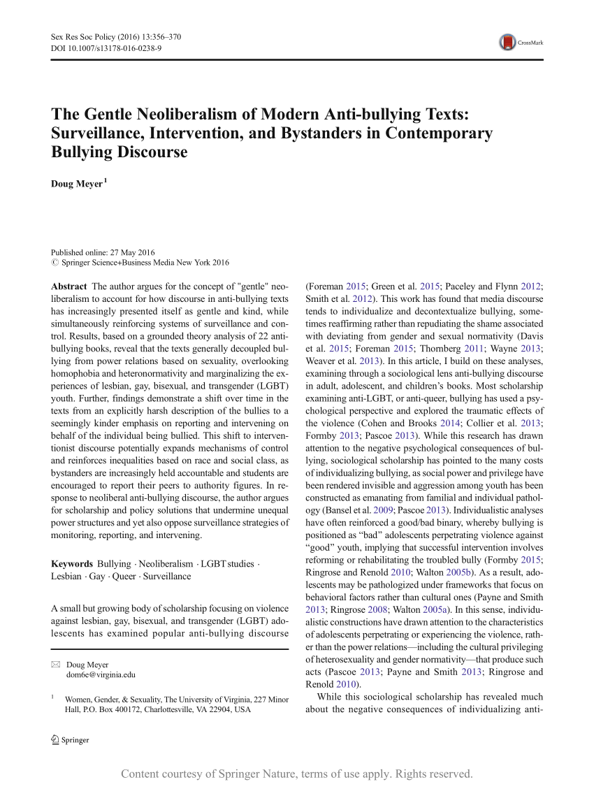 The Gentle Neoliberalism of Modern Anti-bullying Texts: Surveillance,  Intervention, and Bystanders in Contemporary Bullying Discourse