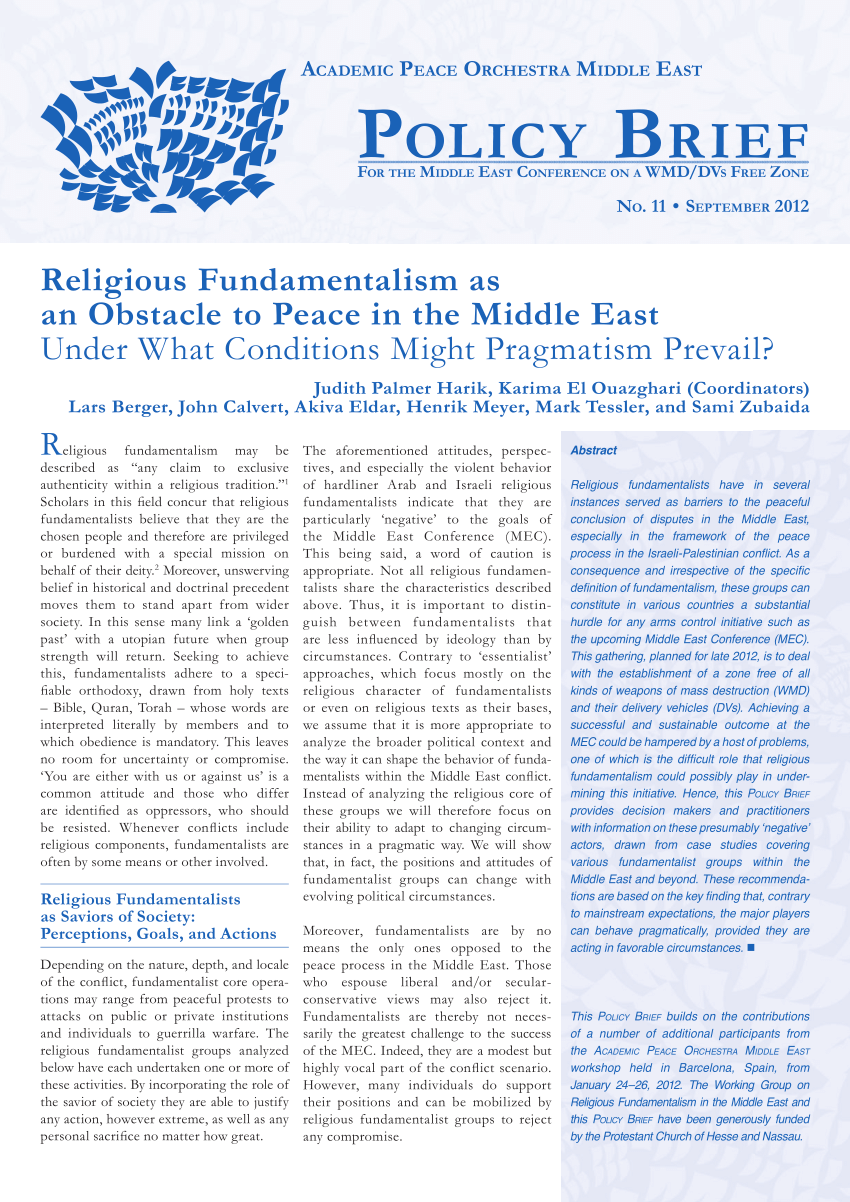 Pdf Religious Fundamentalism As An Obstacle To Peace In The Middle East Under What Conditions Might Pragmatism Prevail