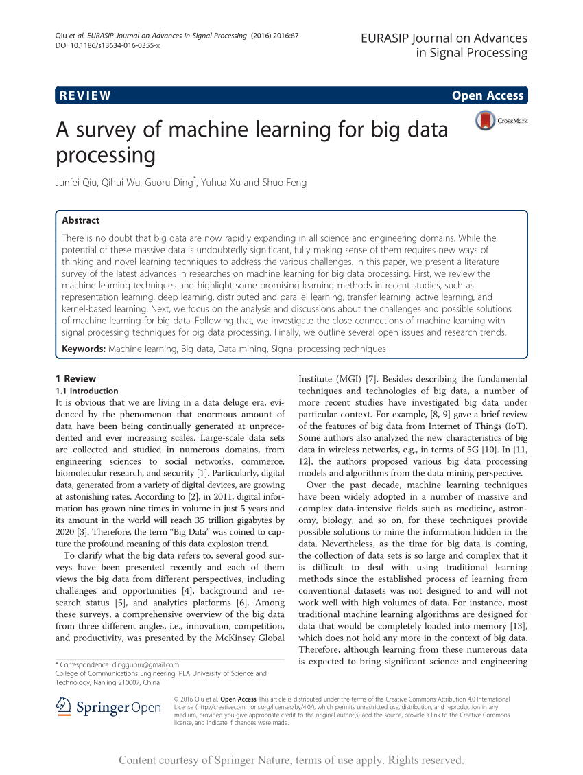 Pdf A Survey Of Machine Learning For Big Data Processing