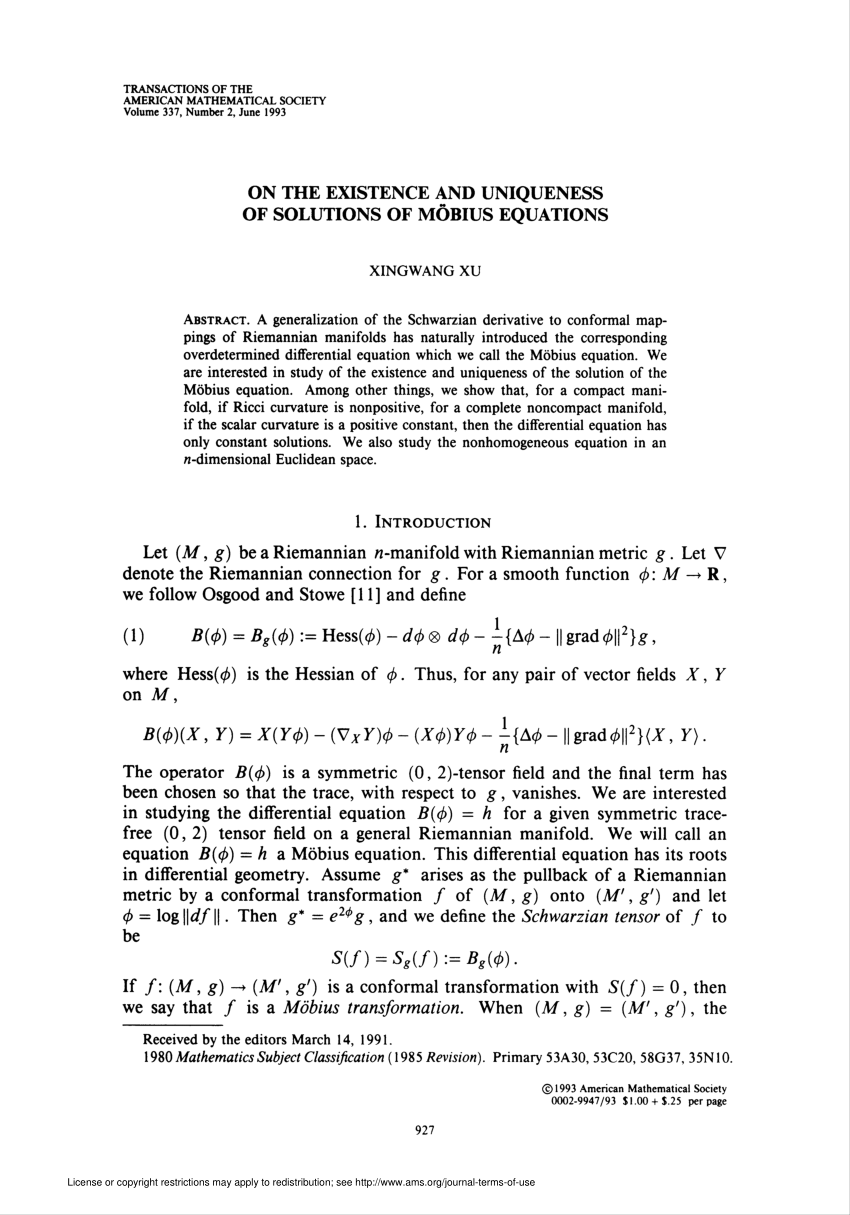 Pdf On The Existence And Uniqueness Of Solutions Of Mobius Equations