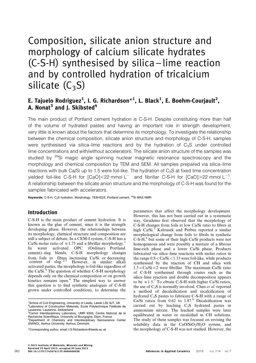Pdf Composition Silicate Anion Structure And Morphology Of Calcium Silicate Hydrates C S H Synthesized By Silica Lime Reaction And By The Controlled Hydration Of Tricalcium Silicate C3s