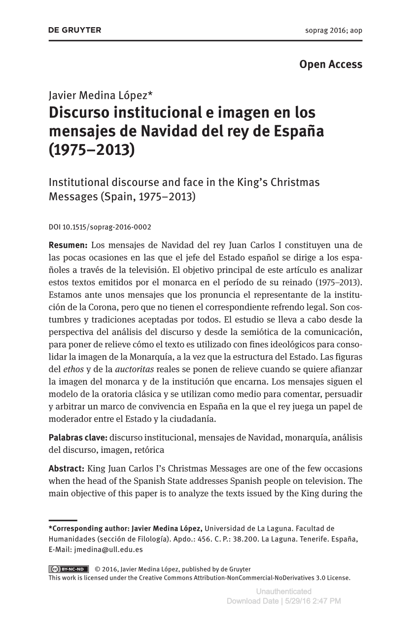 PDF) Discurso institucional e imagen en los mensajes de Navidad del rey de  España (1975–2013)