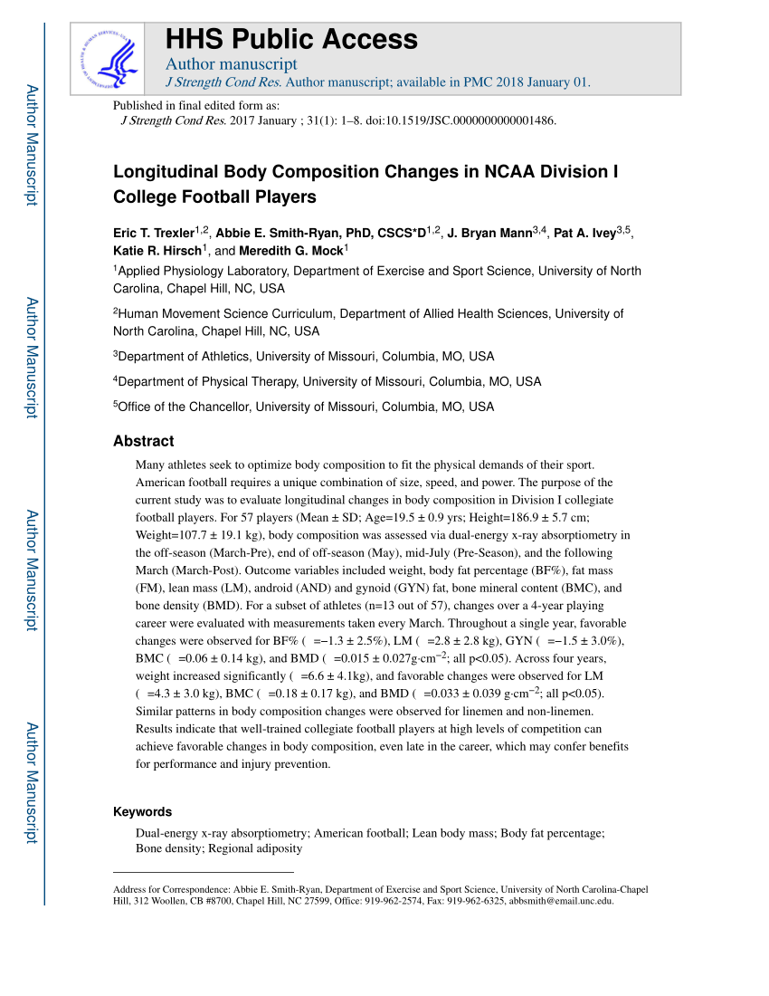 PDF) Longitudinal Body Composition Changes in NCAA Division I College Football Players