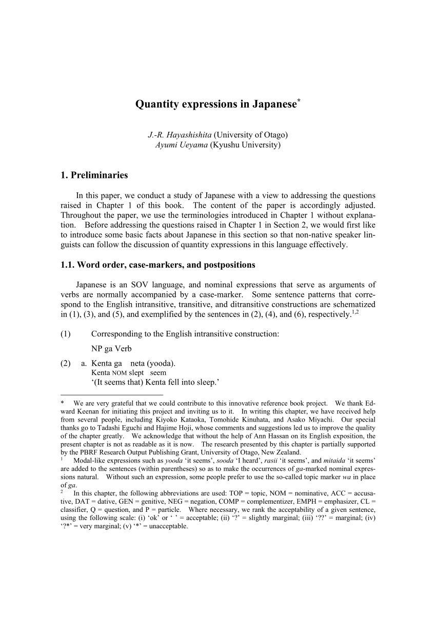 Pdf Quantity Expressions In Japanese