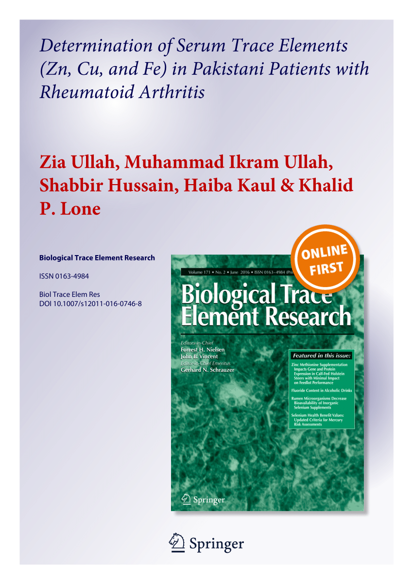 Pdf Determination Of Serum Trace Elements Zn Cu And Fe In Pakistani Patients With Rheumatoid Arthritis