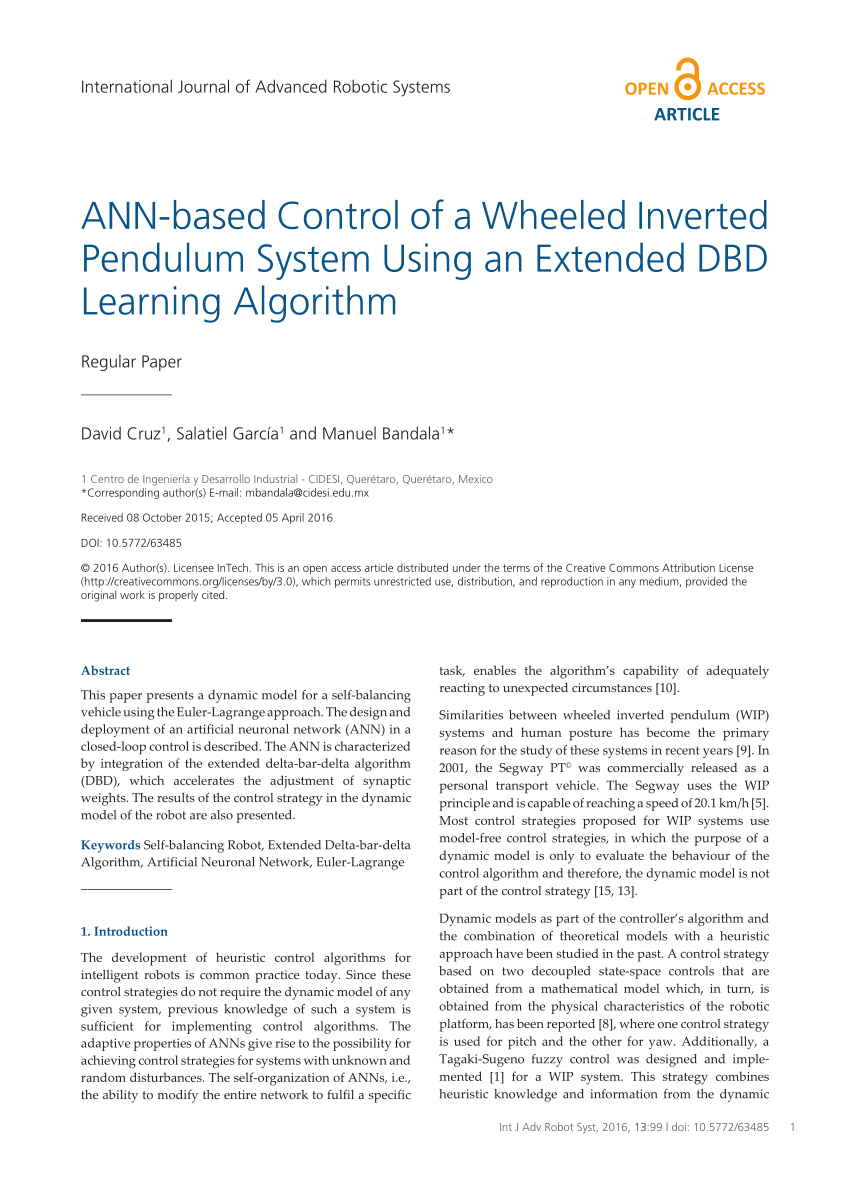 Pdf Ann Based Control Of A Wheeled Inverted Pendulum System Using An Extended Dbd Learning Algorithm