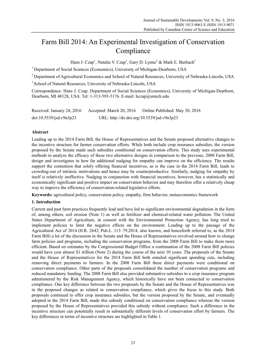 Pdf Farm Bill 2014 An Experimental Investigation Of Conservation Compliance