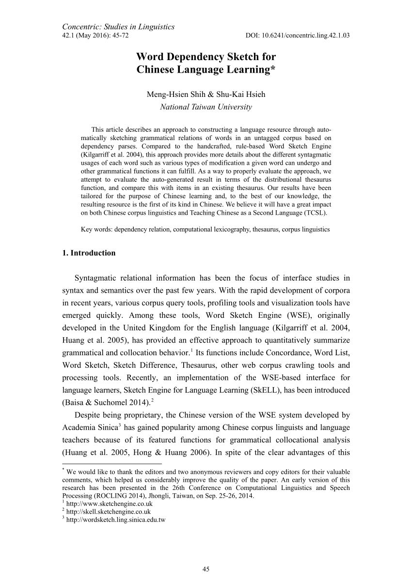 Pdf Word Dependency Sketch For Chinese Language Learning