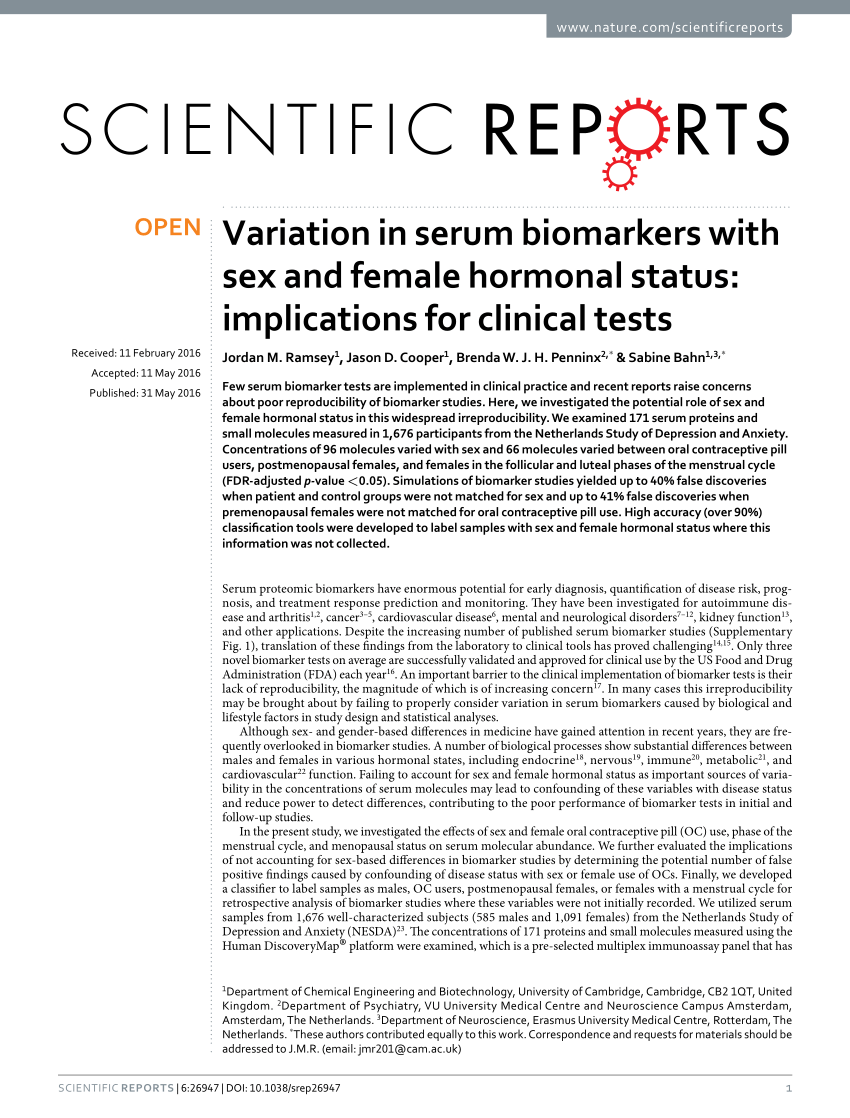 Pdf Variation In Serum Biomarkers With Sex And Female Hormonal Status