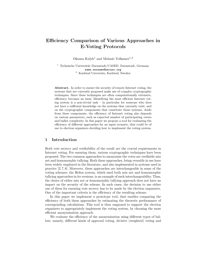 (PDF) Efficiency Comparison of Various Approaches in E-Voting Protocols