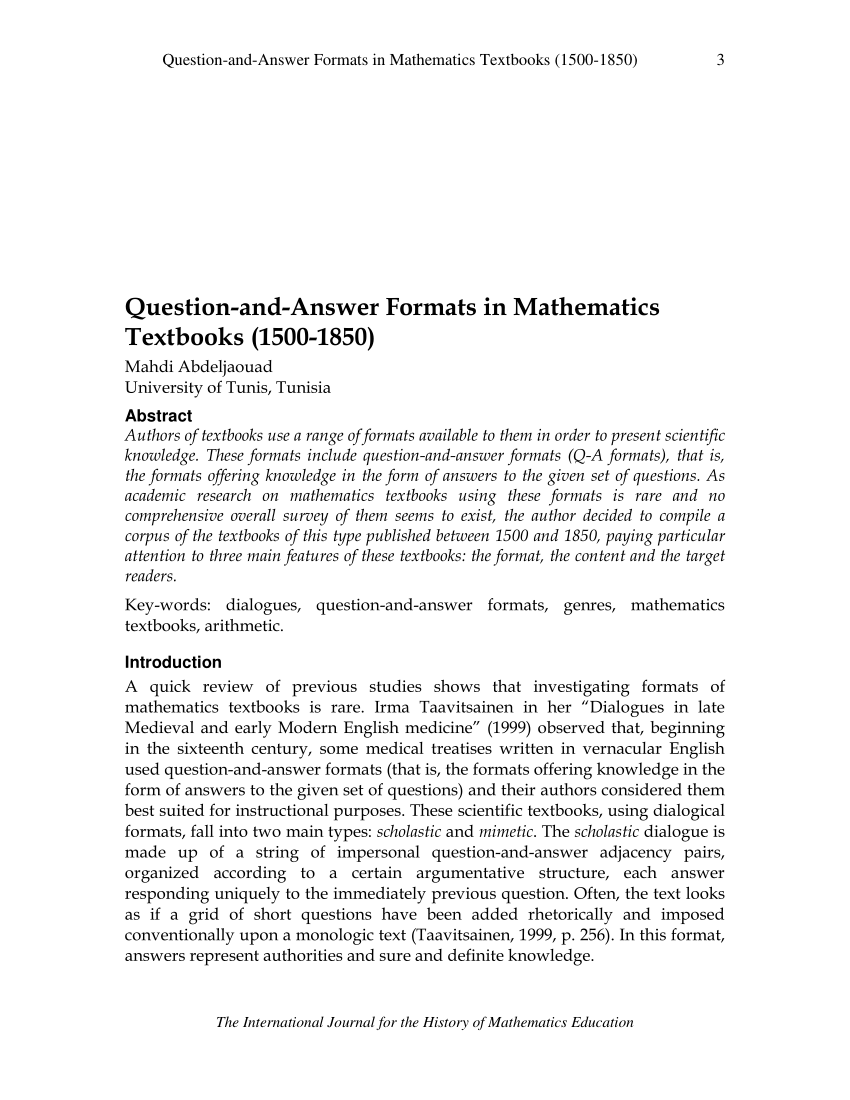 Pdf) Question-And-Answer Formats In Mathematics Textbooks (1500-1850)