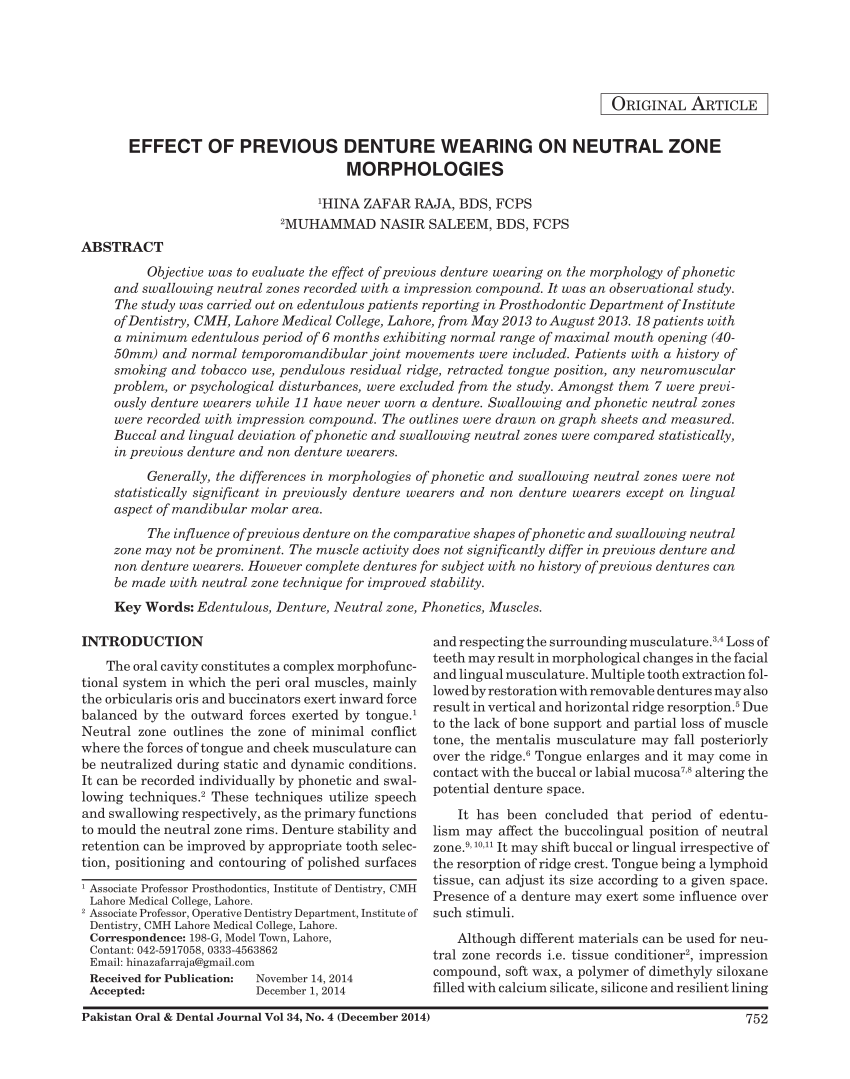 PDF EFFECT OF PREVIOUS DENTURE WEARING ON NEUTRAL ZONE MORPHOLOGIES