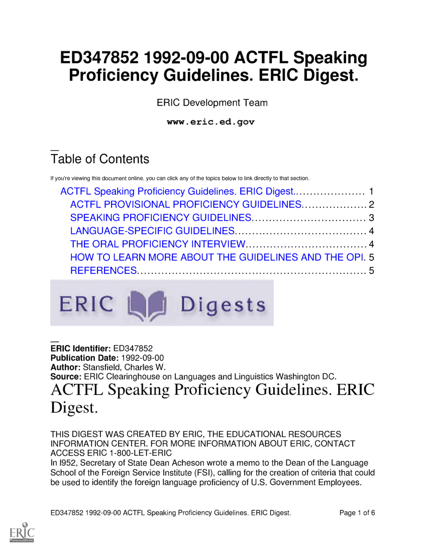 (PDF) ACTFL Speaking Proficiency Guidelines. ERIC Digest