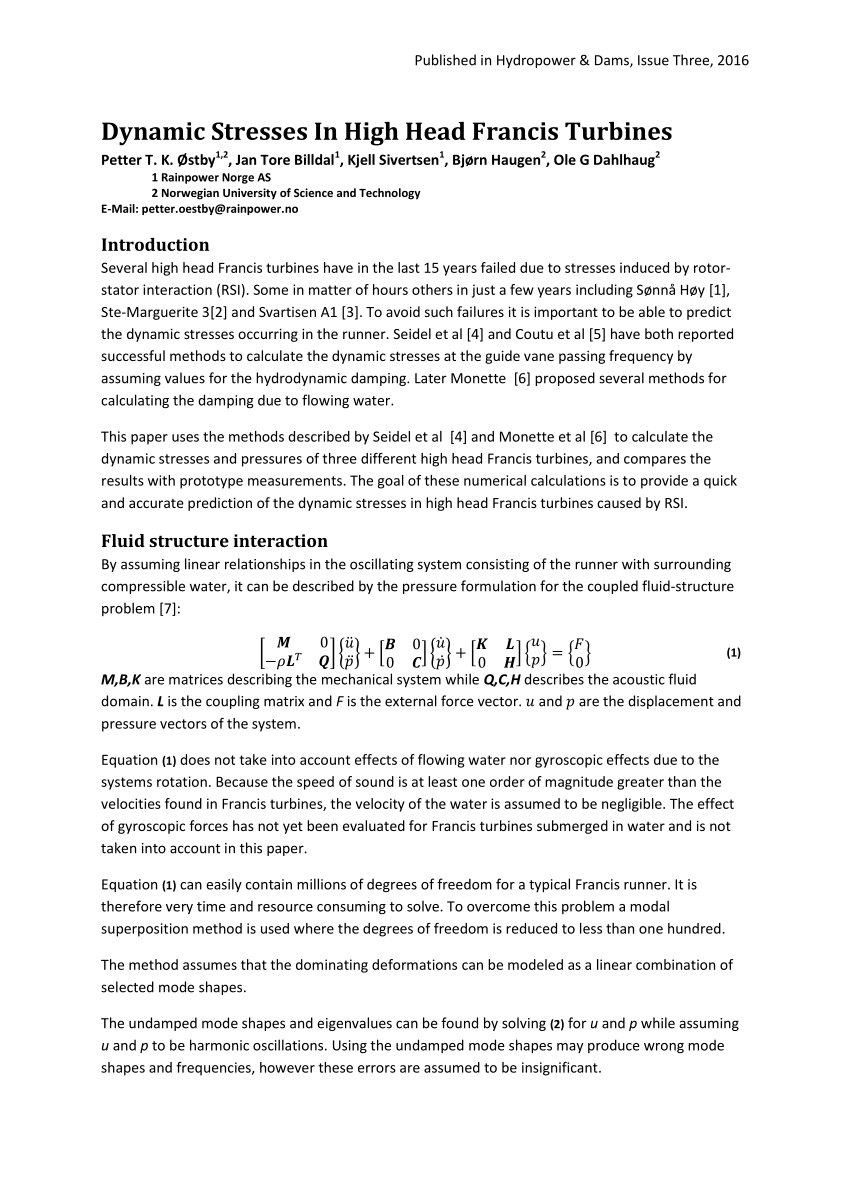 Pdf Dynamic Stresses In High Head Francis Turbines