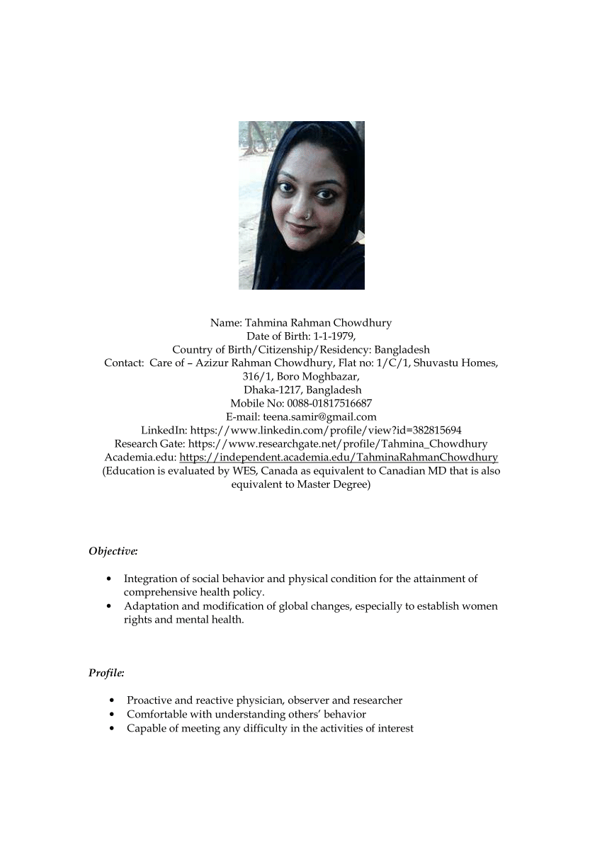 (PDF) CV, 2016, of Dr. Tahmina Rahman Chowdhury