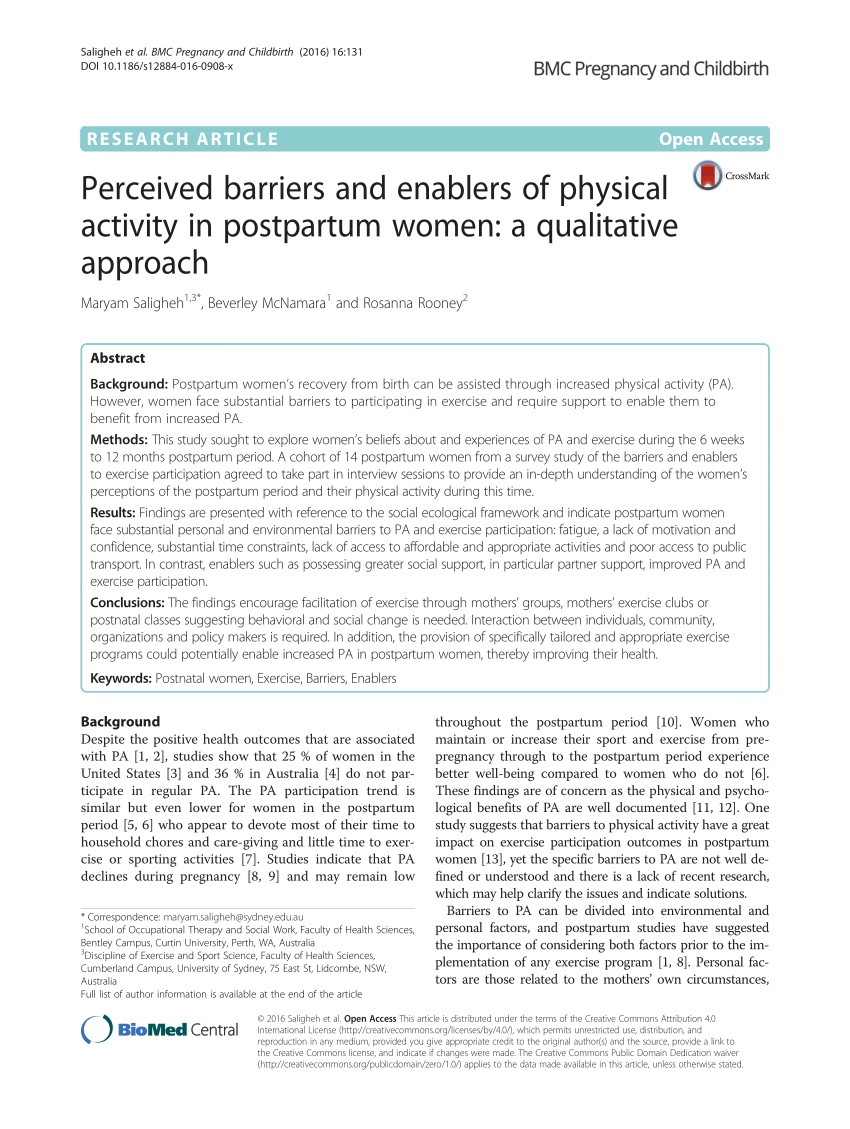 Pdf Perceived Barriers And Enablers Of Physical Activity In Postpartum Women A Qualitative Approach
