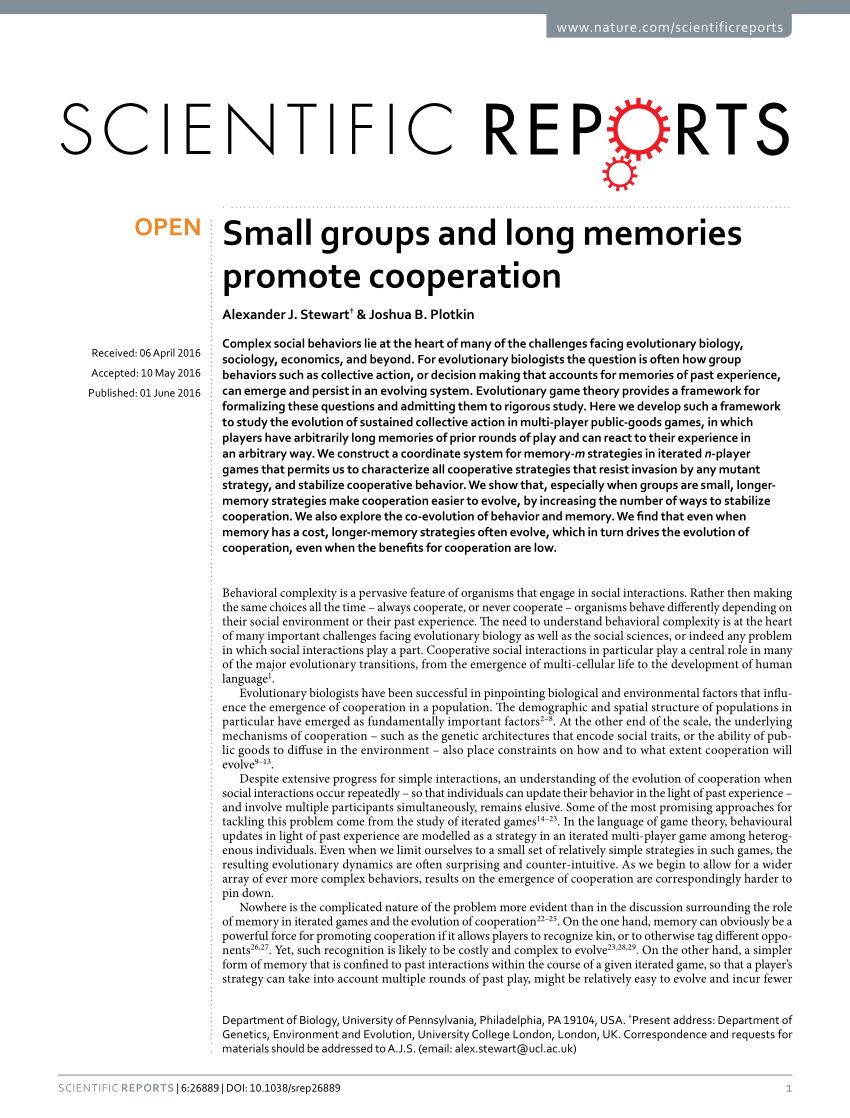 Small groups and long memories promote cooperation