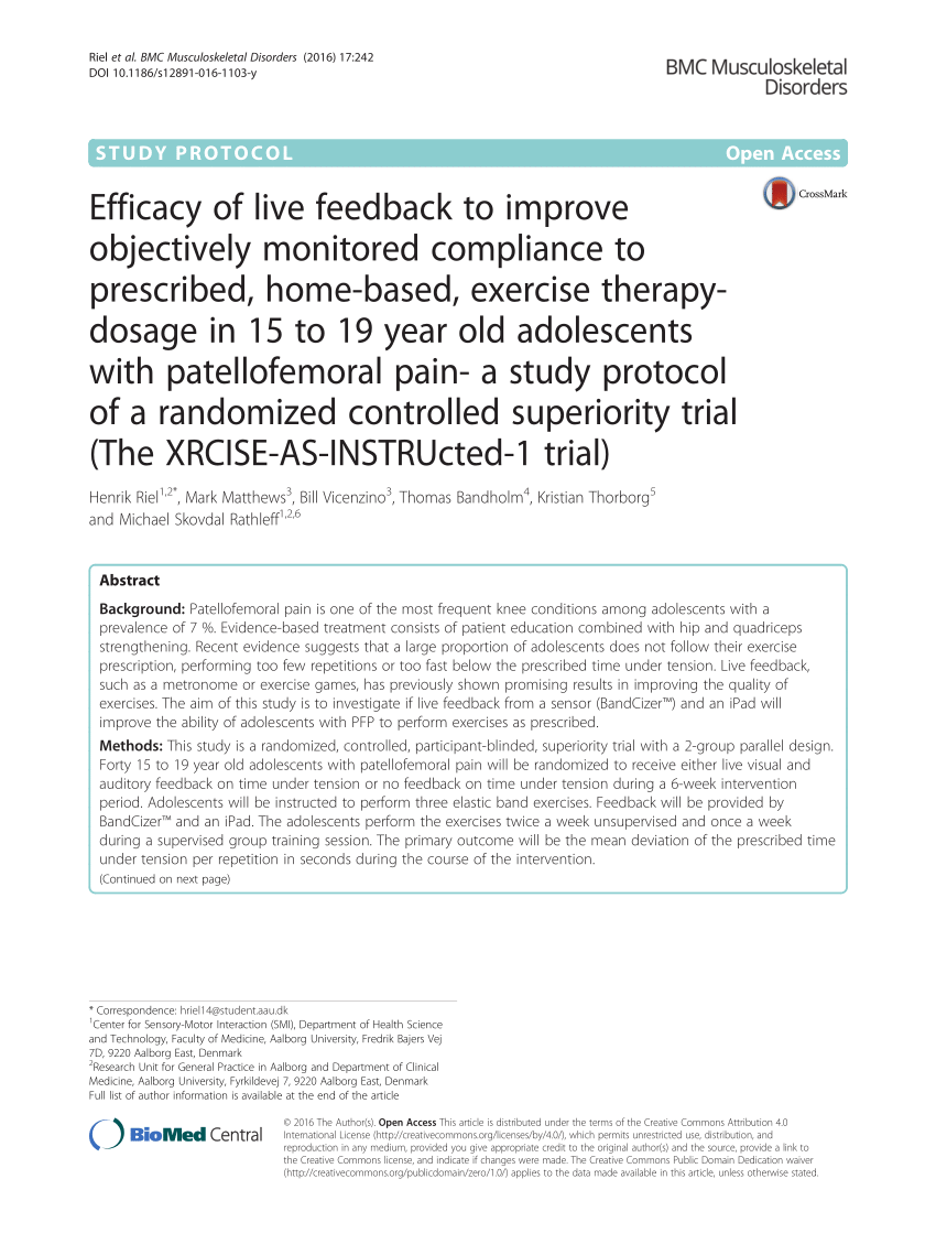 PDF) Efficacy of live feedback to improve objectively monitored compliance  to prescribed, home-based, exercise therapy-dosage in 15 to 19 year old  adolescents with patellofemoral pain- a study protocol of a randomized  controlled