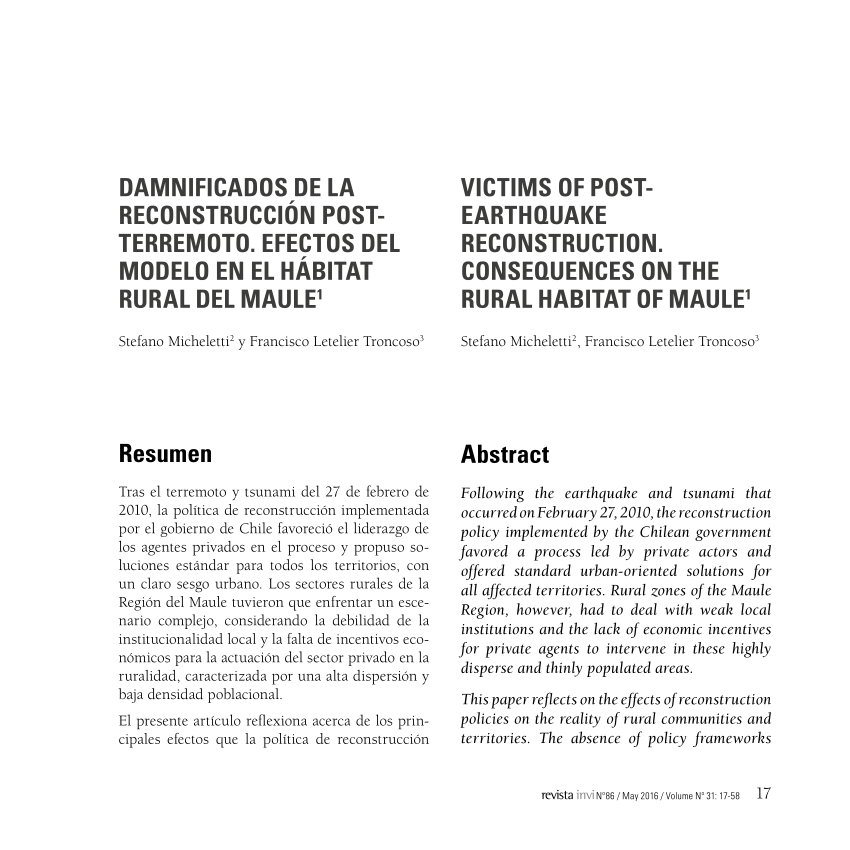 PDF) Damnificados de la reconstrucción post-terremoto: Efectos del modelo  en el hábitat rural del Maule