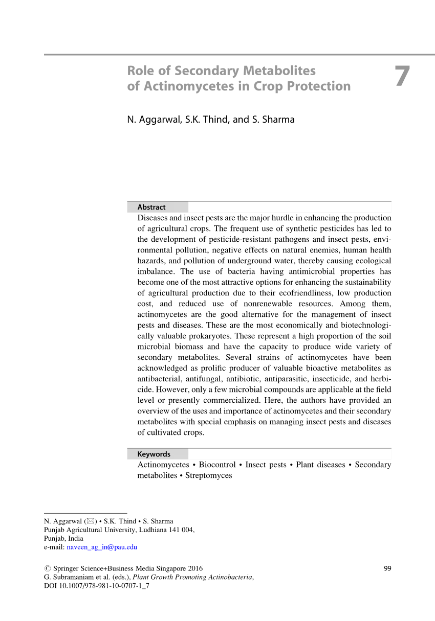 PDF Role of Secondary Metabolites of Actinomycetes in Crop Protection