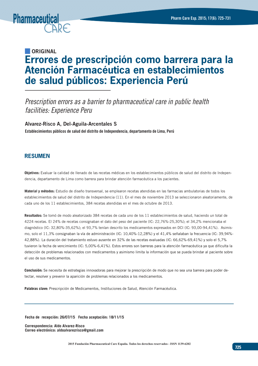 PDF) Errores de prescripción como barrera para la Atención Farmacéutica en  establecimientos de salud públicos: Experiencia Perú