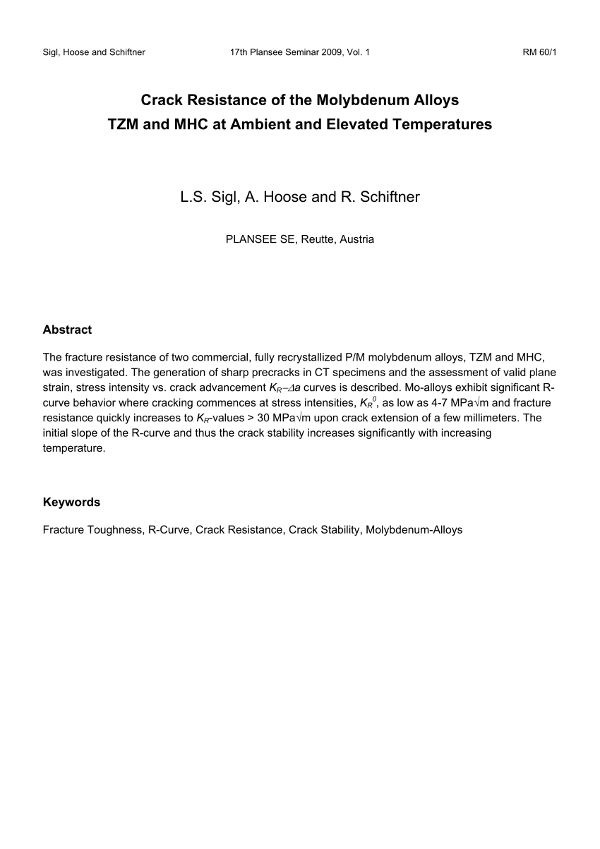 Pdf Crack Resistance Of The Molybdenum Alloys Tzm And Mhc At Ambient And Elevated Temperatures