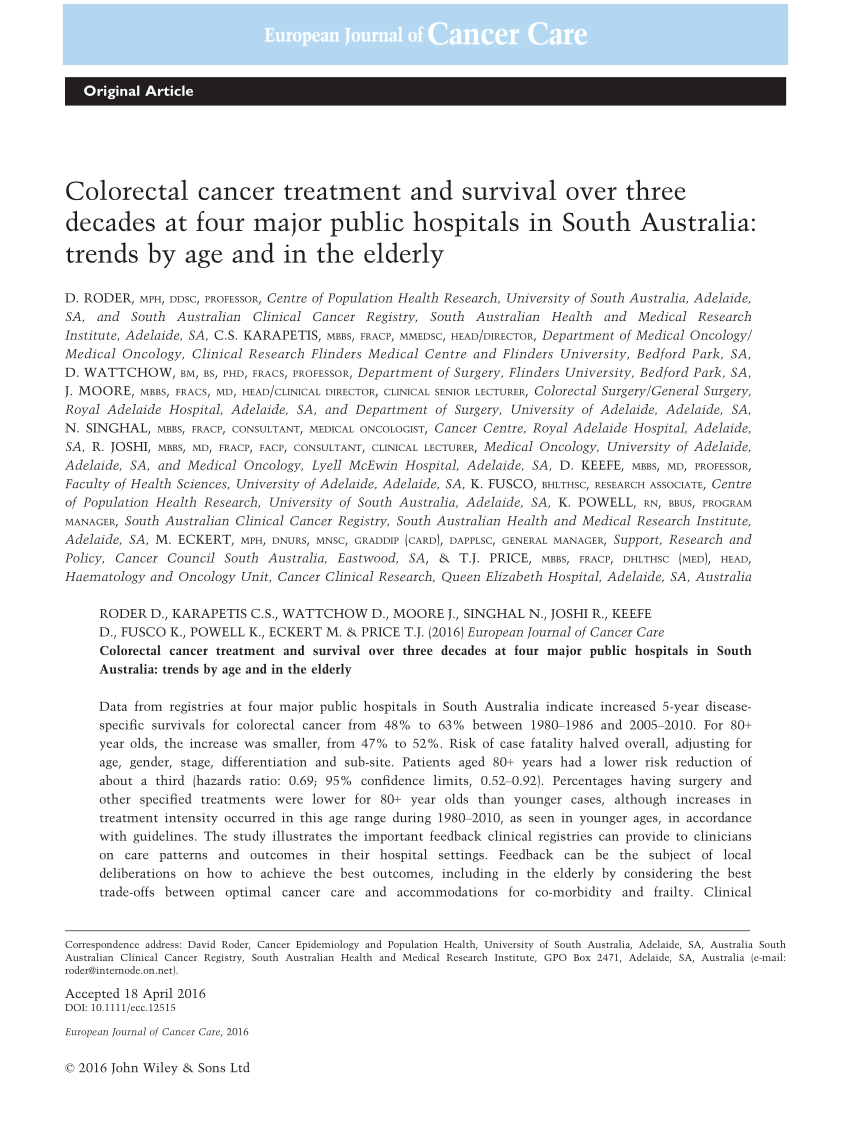 Pdf Colorectal Cancer Treatment And Survival Over Three Decades