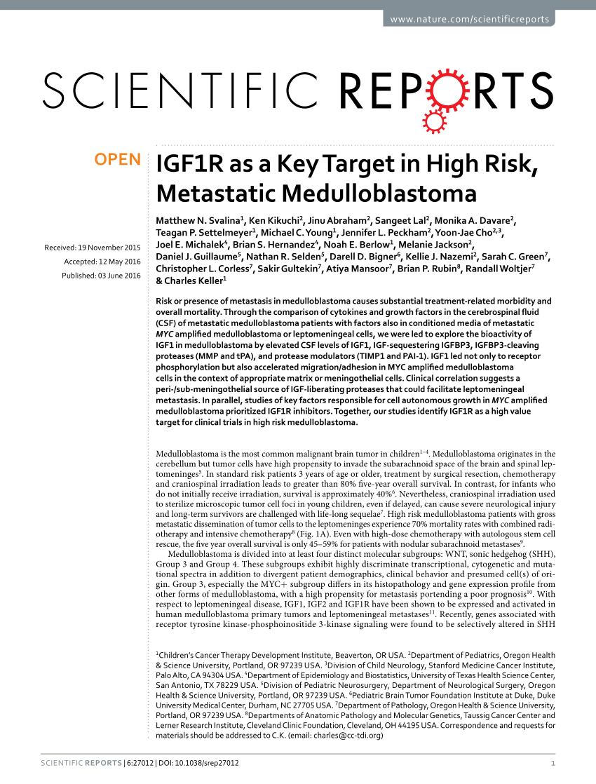 PDF) IGF1R as a Key Target in High Risk, Metastatic Medulloblastoma