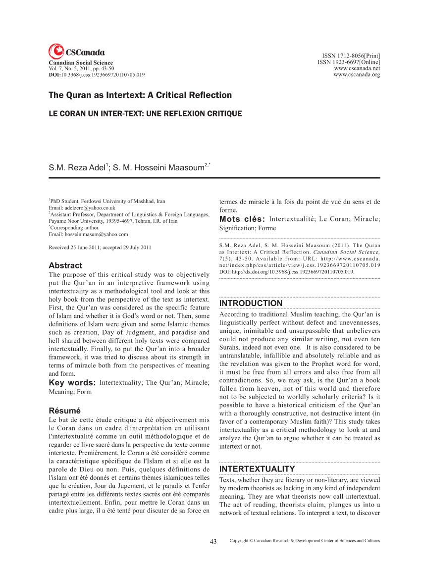 Pdf The Quran As Intertext A Critical Reflection