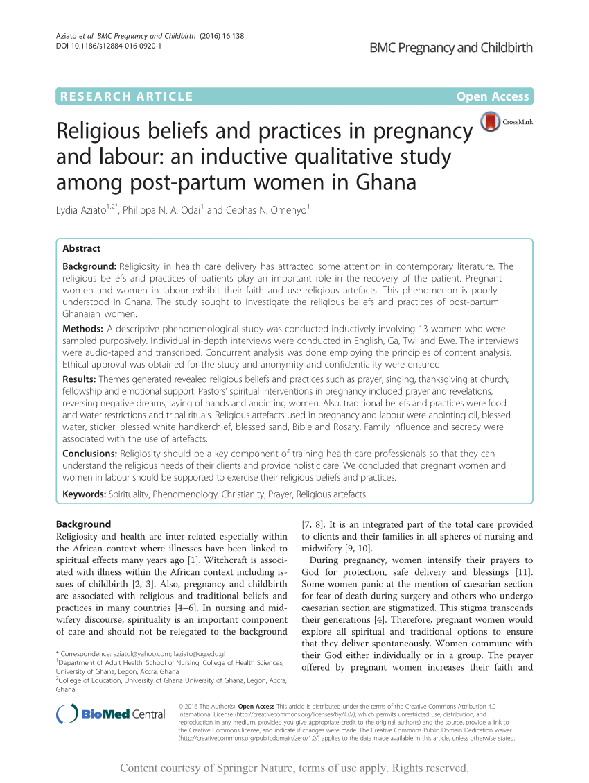PDF) Religious beliefs and practices in pregnancy and labour: An inductive  qualitative study among post-partum women in Ghana