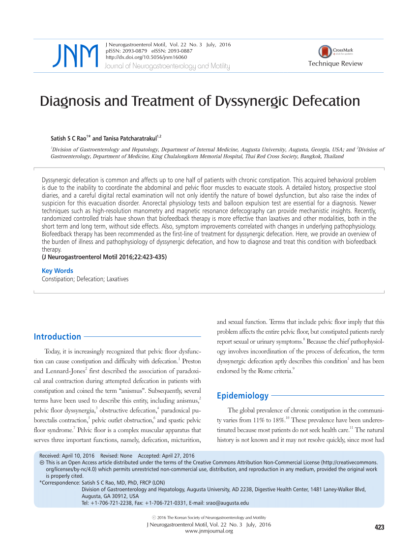 Pdf Diagnosis And Treatment Of Dyssynergic Defecation