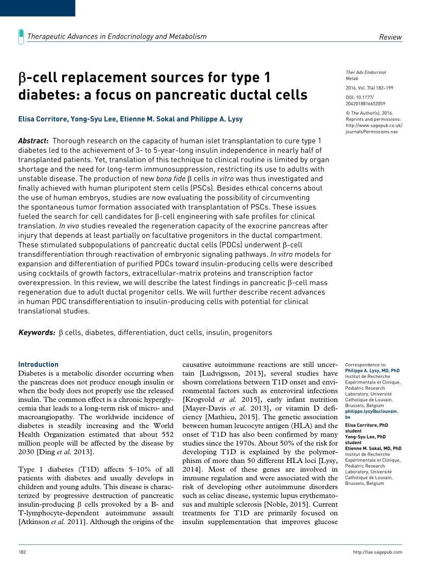 Pdf Cell Replacement Sources For Type 1 Diabetes A Focus On Pancreatic Ductal Cells