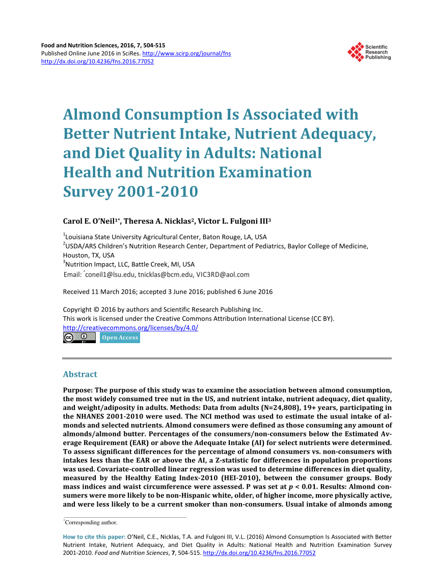 Pdf Almond Consumption Is Associated With Better Nutrient Intake Nutrient Adequacy And Diet Quality In Adults National Health And Nutrition Examination Survey 01 10