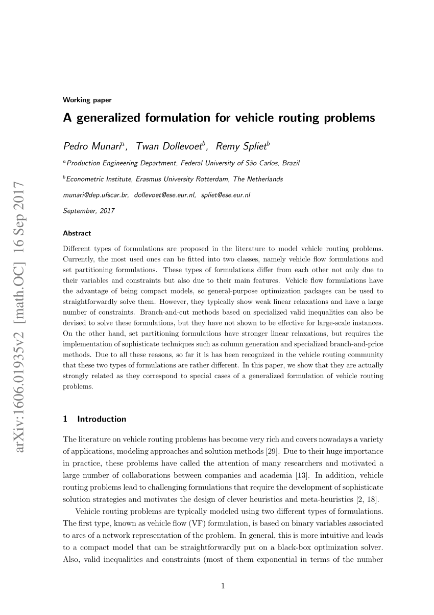 (PDF) A generalized formulation for vehicle routing problems