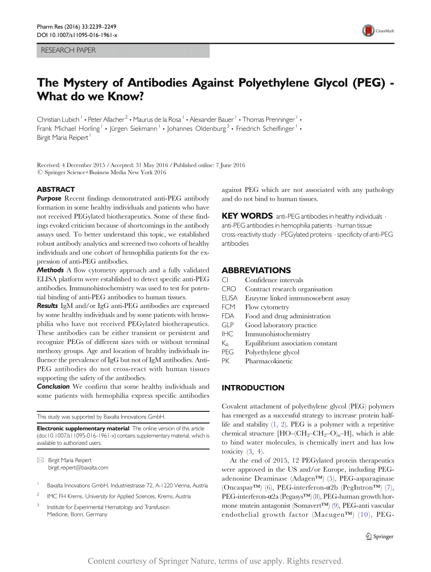 The Mystery Of Antibodies Against Polyethylene Glycol Peg What Do We Know Request Pdf