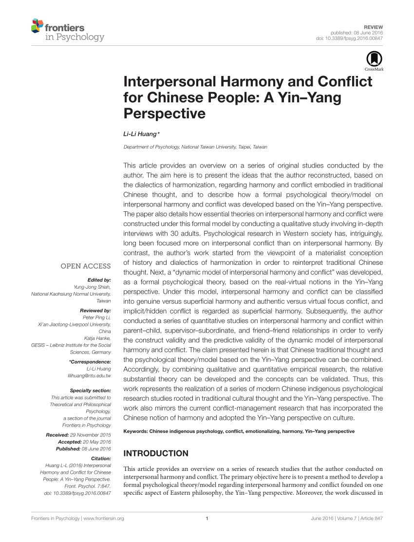 Pdf Interpersonal Harmony And Conflict For Chinese People A Yin Yang Perspective