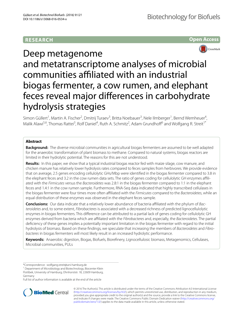 PDF) Deep metagenome and metatranscriptome analyses of microbial  communities affiliated with an industrial biogas fermenter, a cow rumen,  and elephant feces reveal major differences in carbohydrate hydrolysis  strategies