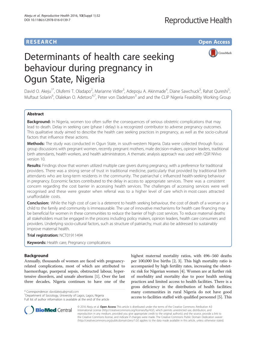 PDF) Determinants of health care seeking behaviour during pregnancy in Ogun  State, Nigeria