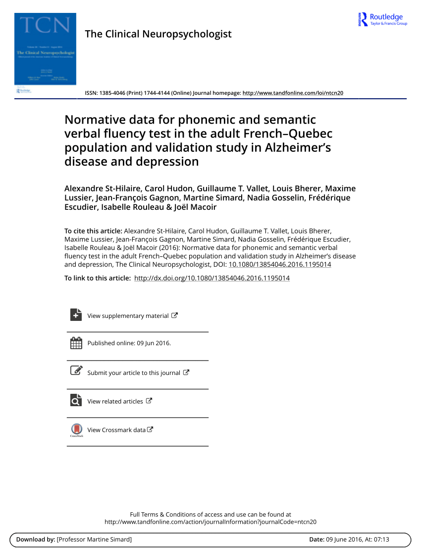 Pdf Normative Data For Phonemic And Semantic Verbal Fluency Test In The Adult French Quebec Population And Validation Study In Alzheimer S Disease And Depression